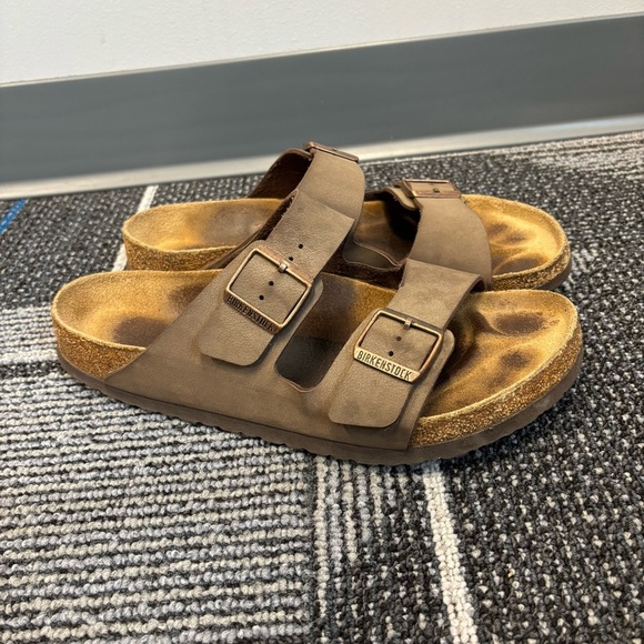 Birkenstock Mens Arizona Tan/Brown Leather Slides EUR 44 US 11 - Picture 1 of 13
